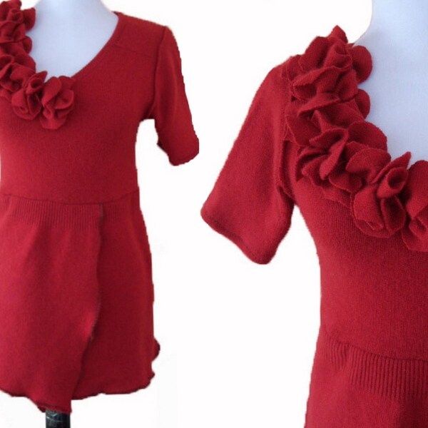Cascading Petals Cashmere Sweater Medium M Eco Friendly Recycled Fashion RED Floral Flower