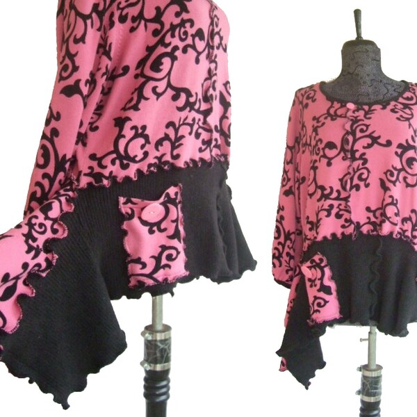 Asymmetric Vines lagenlook Sweater XXXL 3x Plus Size Eco Friendly Womens Recycled Handmade Clothing Pink Black