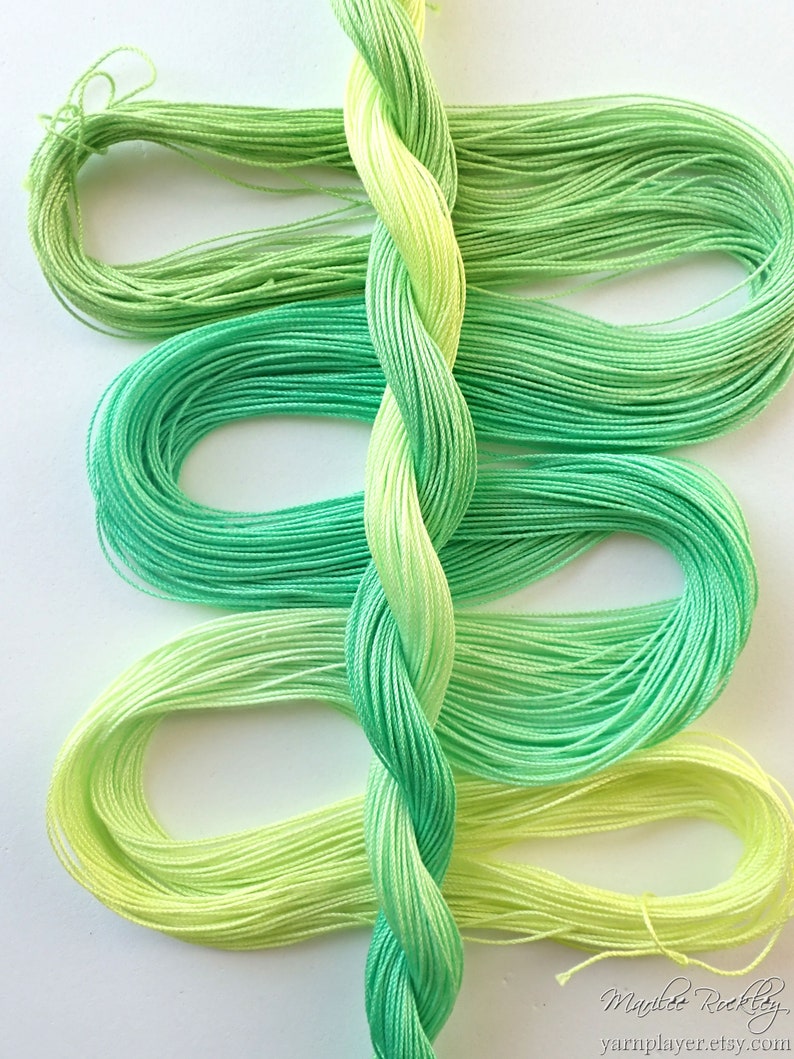 Size 20 Bright Greens hand dyed thread 6 cord cordonnet tatting crochet cotton image 3