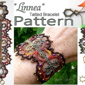 May include: A close-up of a multi-colored crocheted bracelet with beads. The bracelet is called "Linnea" and is a tatted bracelet pattern. The image also shows a close-up of the bracelet being worn on a person's wrist, as well as a close-up of the beginning of the pattern.