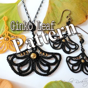May include: A black and yellow ginko leaf necklace and earrings. The necklace is made of black thread and has a gold bead in the centre. The earrings are also made of black thread and have gold beads in the centre. The earrings are hanging from gold hooks. The image includes the text "Ginko Leaf Pattern".