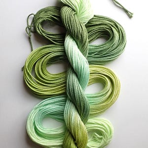 May include: A skein of green embroidery floss, with shades ranging from light mint to deep olive. The floss is twisted into a braid, with loose loops of thread at the base. The image is on a white background.