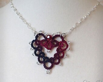 Heart tatted lace pendant necklace dark red black