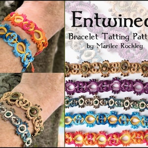 May include: Entwined Bracelet Tatting Pattern by Marilee Rockley. A close-up of six different crocheted bracelets with various colors and beads. The bracelets are arranged in a row, with the top bracelet being the largest and the bottom bracelet being the smallest.
