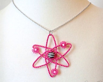 Atom tatted pink lace geeky science pendant necklace