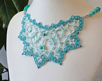 Tatted lace statement necklace aqua sea green quartzite