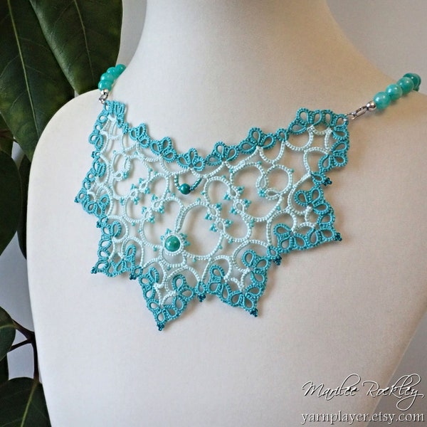 Tatted lace statement necklace aqua sea green quartzite