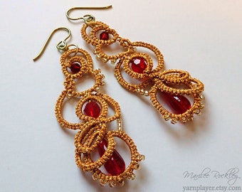 Tatted earrings gold and red with niobium earwires