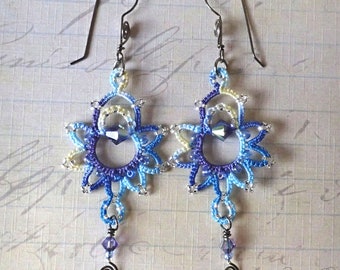 Tatted blue violet earrings with wire wrapped niobium earwires