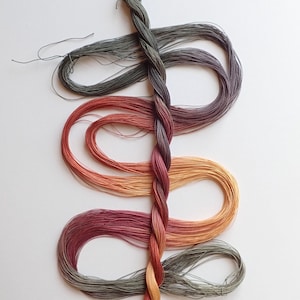 May include: A braided strand of colorful embroidery floss in shades of gray, red, orange, and yellow. The floss is arranged in a looping pattern against a white background. The Etsy shop name and URL are in the bottom right corner.