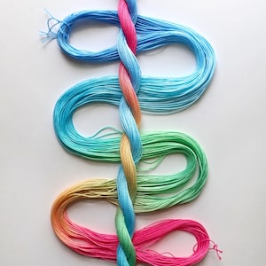 May include: A braided strand of multi-colored embroidery thread featuring a gradient of pink, blue, green, and yellow hues. The thread is twisted into a central vertical braid with loose, curved loops extending outward on both sides.