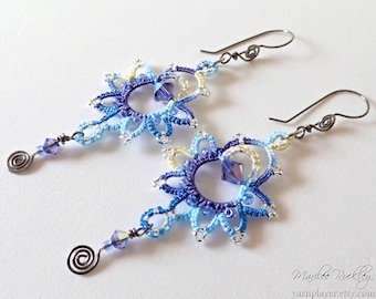 Blue purple tatted lace earrings with crystal beads, wire wrapped dangle and niobium earwires