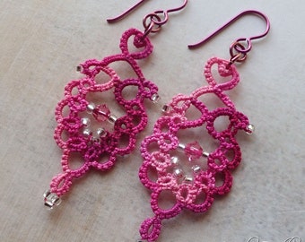 Tatted lace earrings neo Victorian hand dyed berry pink niobium earwires