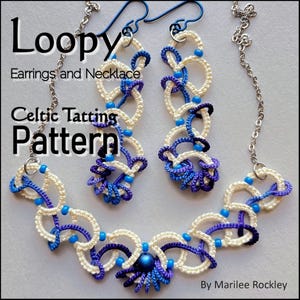 May include: A set of white, blue, and purple crocheted earrings and necklace with a Celtic knot pattern. The necklace has a larger, round bead in the center. The earrings and necklace are labeled "Loopy Earrings and Necklace Celtic Tatting Pattern by Marilee Rockley".