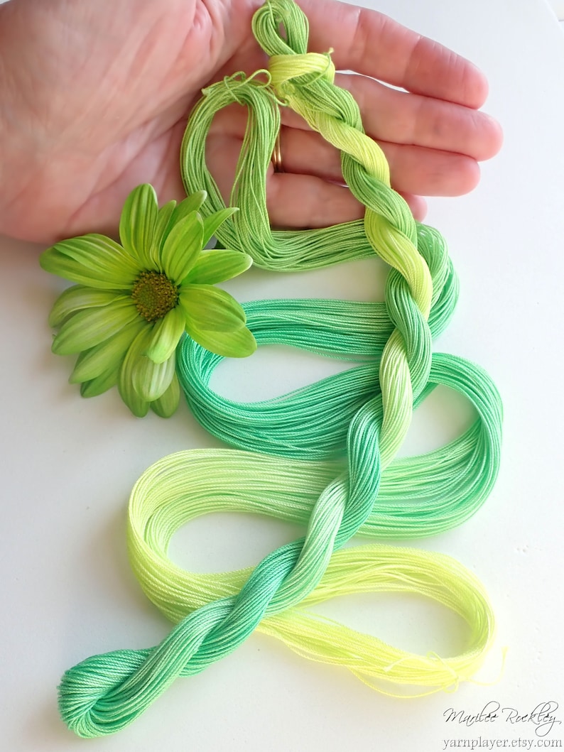 Size 20 Bright Greens hand dyed thread 6 cord cordonnet tatting crochet cotton image 2