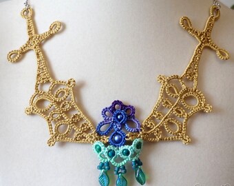 Tatted lace statement necklace Swords Into Plowshares gold blue iris