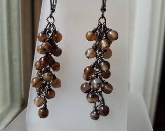 Genuine Agate Cluster Earrings on Gunmetal Leverbacks