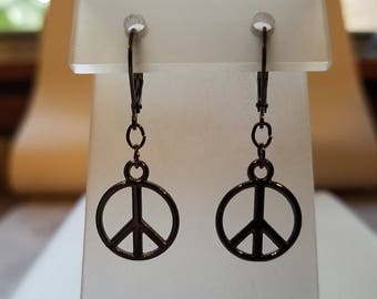Gunmetal Double Sided Peace Symbol Drop Earrings