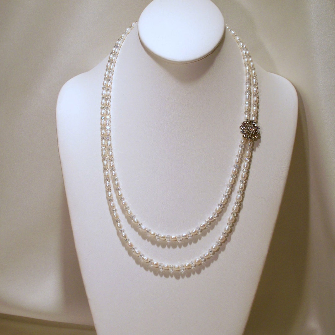 Victorian Double Strand Pearl and Crystal Necklace - Etsy