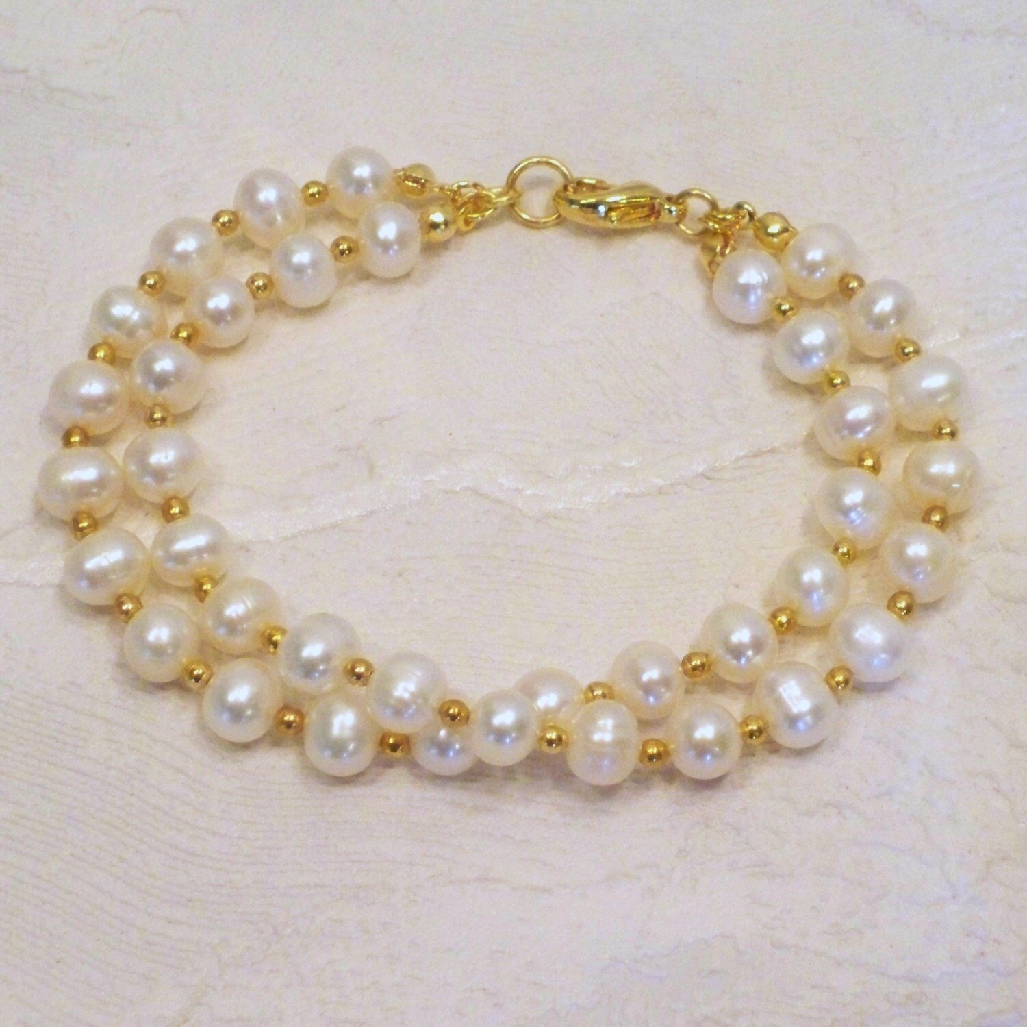 Double Freshwater Pearl Bracelet in Gold Etsy