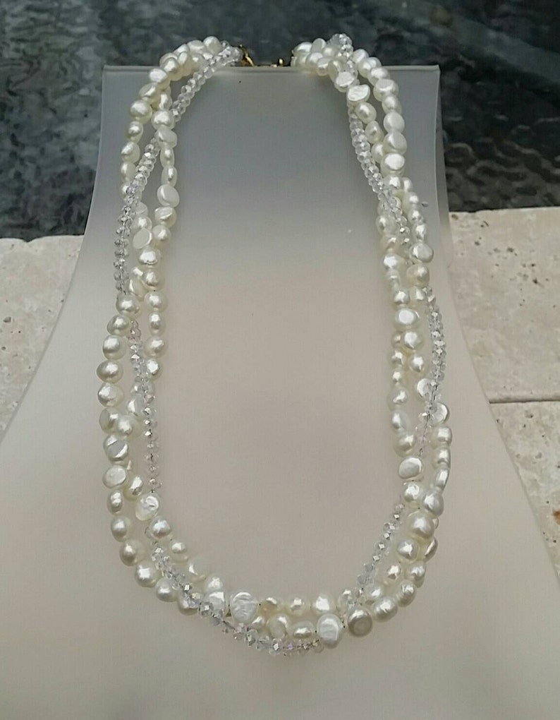 Triple Strand Crystal and Freshwater Pearl Necklace Etsy