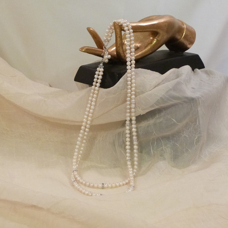 Double Strand Natural Freshwater Pearl Necklace With Rhinestones Etsy