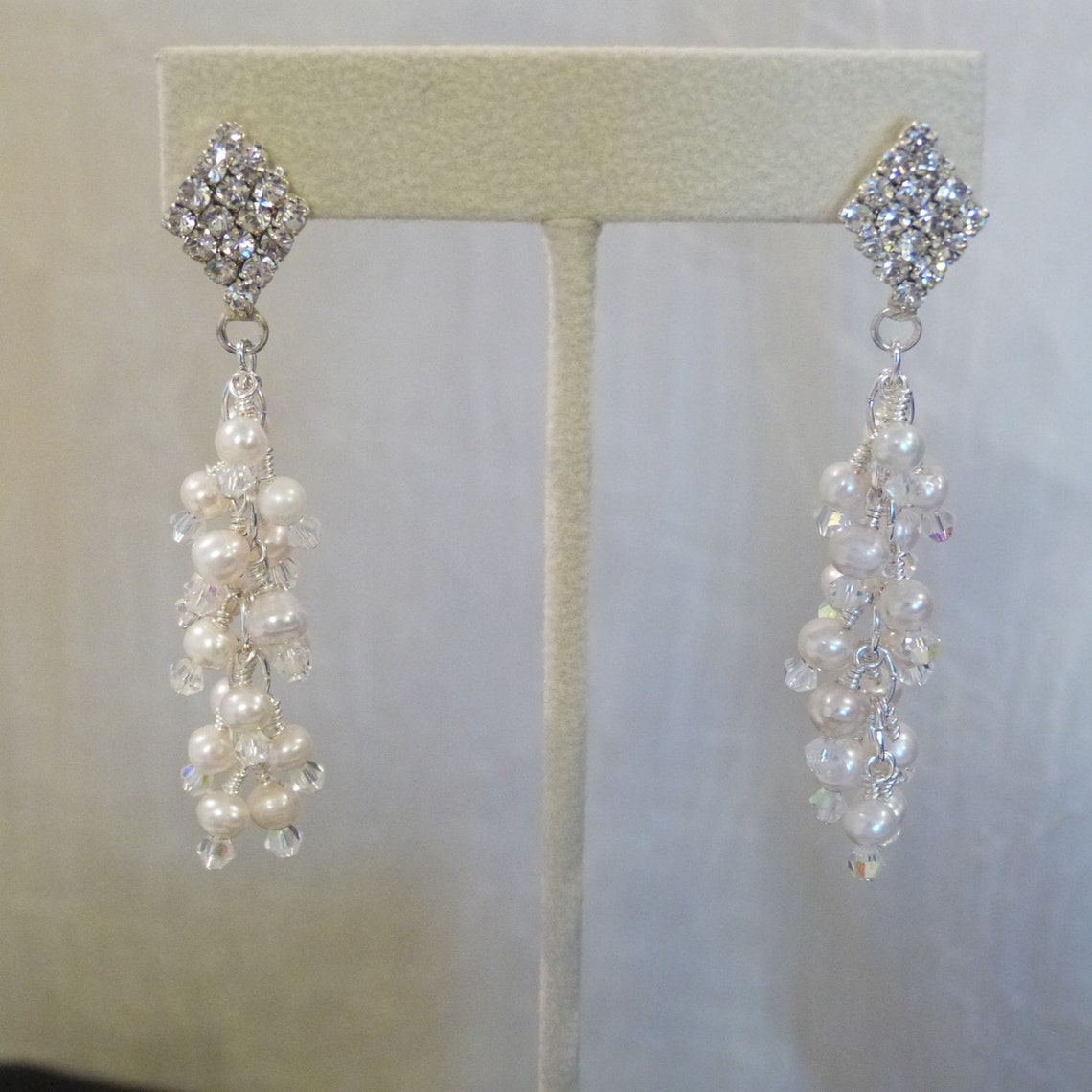 Diamond Shaped Rhinestone Post With Freshwater Pearl Cluster Earrings ...