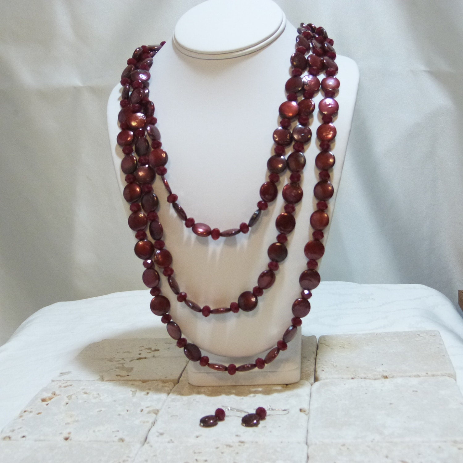 Ruby Red Coin Pearlstriple Strand Necklace and Earrings - Etsy