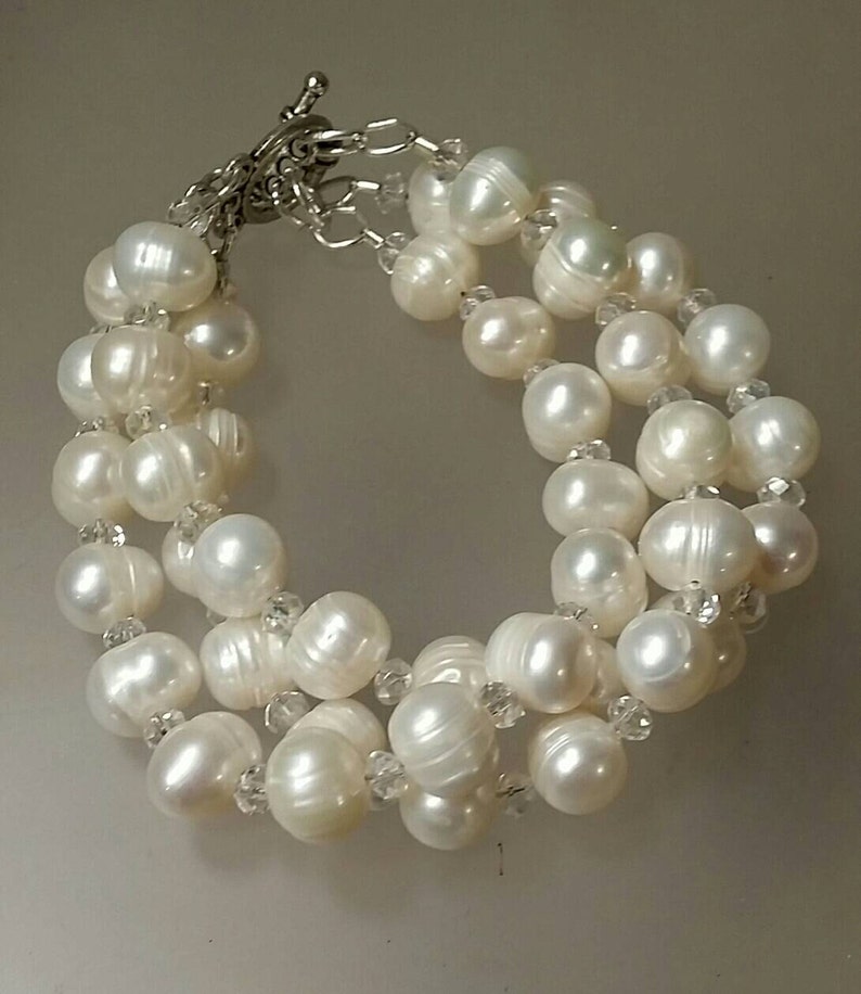 Triple Strand Large Genuine Freshwater Pearl and Crystal Etsy