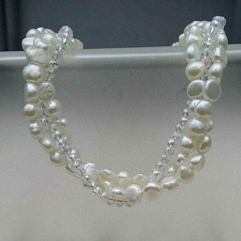 Triple Strand Crystal and Freshwater Pearl Necklace Etsy