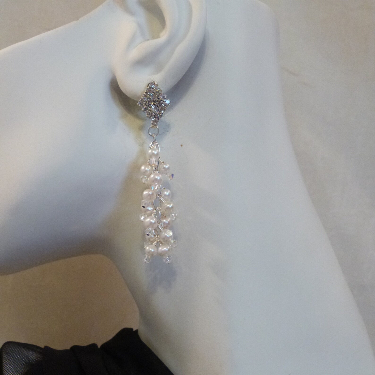 Diamond Shaped Rhinestone Post With Freshwater Pearl Cluster Earrings ...