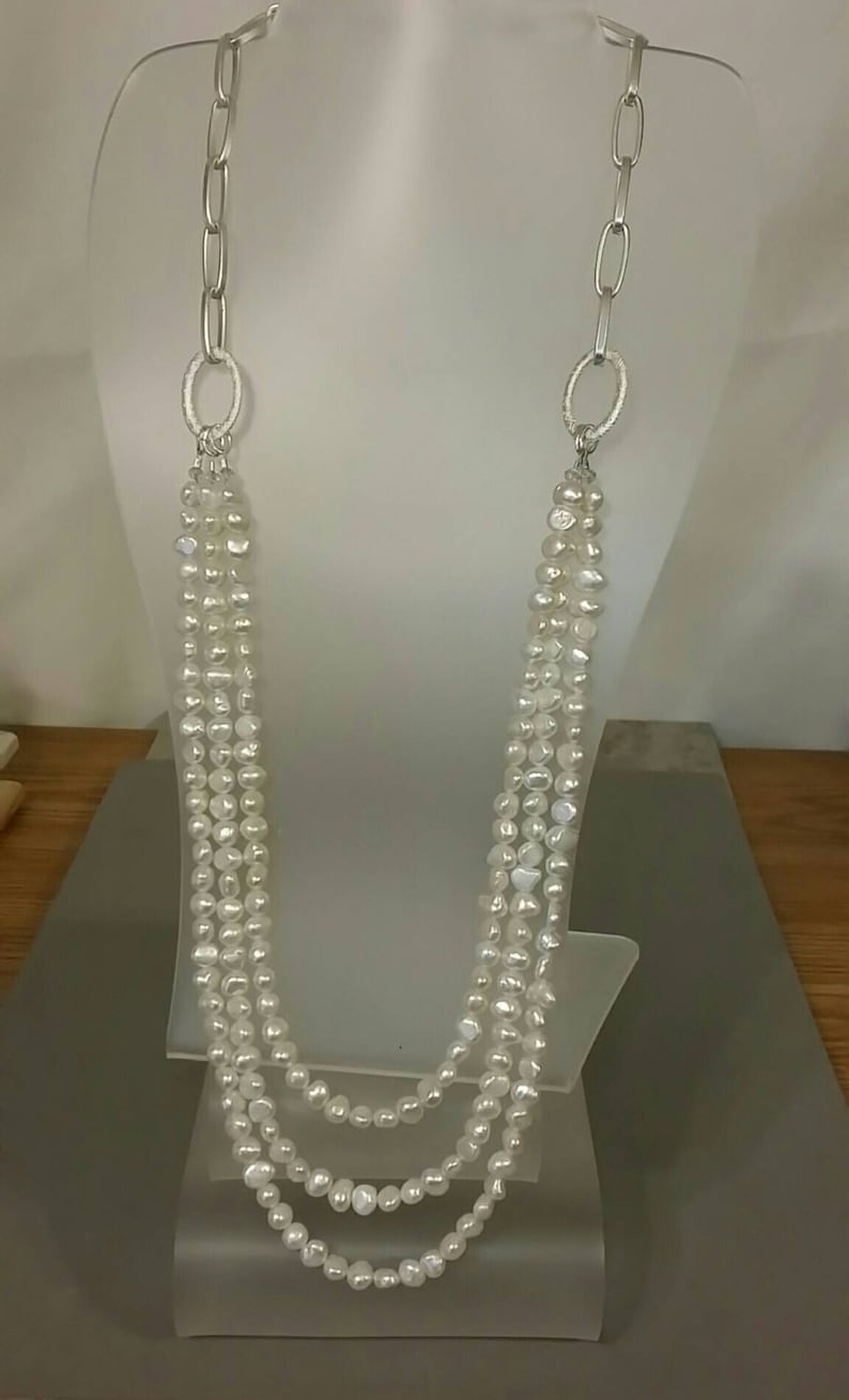Triple Strand Genuine Freshwater Pearls and Chain Long Necklace Etsy