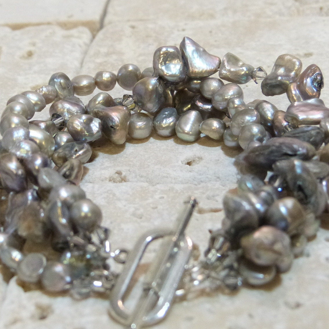 Pewter 4 Strand Keishe and Freshwater Bracelet - Etsy