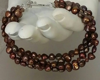Brown 4 Strand Freshwater Pearl and Swarovski Crystal Bracelet