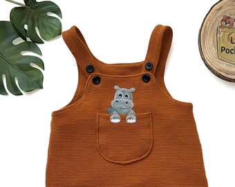 Dungarees with animal appliqué in cognac - baby dungarees, children's dungarees, one-piece, romper size 50/56 - 98/104