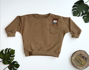 Maglione oversize con applicazione di animali in marrone chiaro - maglione per neonati, taglia maglione per bambini. 50/56 - 98/104