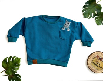 Maglione oversize con applicazione di animali in colore petrolio - maglione per neonati, taglia maglione per bambini. 50/56 - 98/104