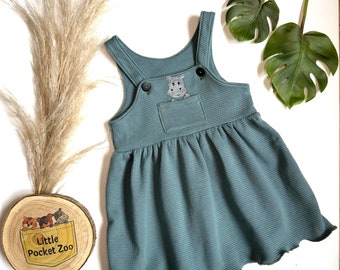 Dungaree dress with animal appliqué in old green - baby dungaree dress, children's dungaree dress, children's dress size 50/56 - 98/104