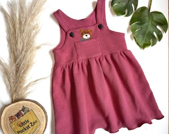 Dungaree dress with animal appliqué in raspberry - baby dungaree dress, children's dungaree dress, children's dress size 50/56 - 98/104