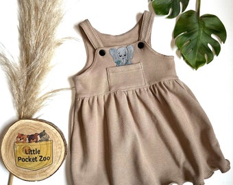 Dungaree dress with animal appliqué in beige - baby dungaree dress, children's dungaree dress, baby dress size 50/56 - 98/104