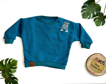 Oversized sweater with animal appliqué in petrol - baby sweater, children's sweater size 50/56 - 98/104