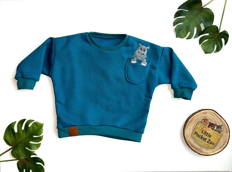 Oversized sweater with animal appliqué in petrol baby sweater, children's sweater size 50/56 98/104 image 1