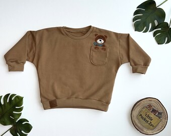 Pull oversize avec application animal en marron clair - pull bébé, taille pull enfant. 50/56 - 98/104