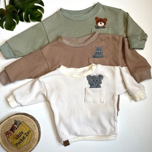 Knitted sweater in dark beige with animal appliqué baby sweater, children's sweater size 50 104 image 4