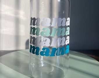 Mama Iced Coffee Glass Cup with Lid and Straw Mother’s Day Gift Idea New Mom Birthday Glass Can - Blue