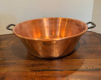 Vintage Large Polished Pure Copper Jam Pot Basin-  Cast Iron Handles and Copper Rivets. Made in France.