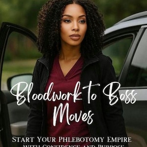 May include: A woman wearing a black jacket and burgundy top stands near a car. The image includes the text "Bloodwork to Boss Moves" and "Start Your Phlebotomy Empire With Confidence and Purpose".