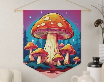 Grooviger Pilz-Wimpel, Retro-Wandkunst, fröhlicher Wandteppich, trendige psychedelische Atmosphäre, heller, lebendiger Wandbehang