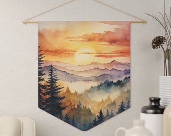 Sonnenaufgang Bergszene Wimpel Natur Waldblick Wandbehang Pastell Aquarell Wanddekor Schöner Wandbehang