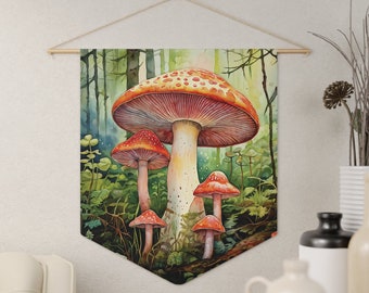 Fanion champignon nature, art mural naturel, tapisserie murale joyeuse, ambiance tendance, lumineuse et vibrante, tenture murale, décoration de chambre d'enfant, design naturel